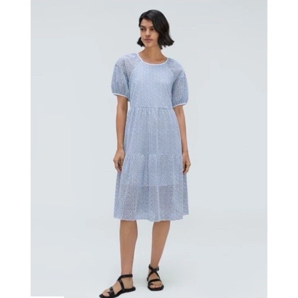 Everlane Tiered Blue White Eyelet Puff Sleeve Oversized Midi Dress Size S‎